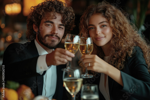 Elegant couple clinking wine glasses enjoying romantic dinner date