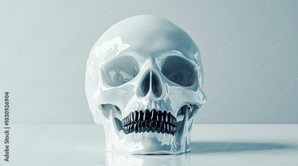 White porcelain skull with black teeth smiles, adding dark humor to designs. Perfect for halloween, it's a spooky and macabre element. The minimalist 3d rendering stands out as a symbol of death White porcelain skull with black teeth smiles, adding dark humor to designs. Perfect for halloween, it's a spooky and macabre element. The minimalist 3d rendering stands out as a symbol of death