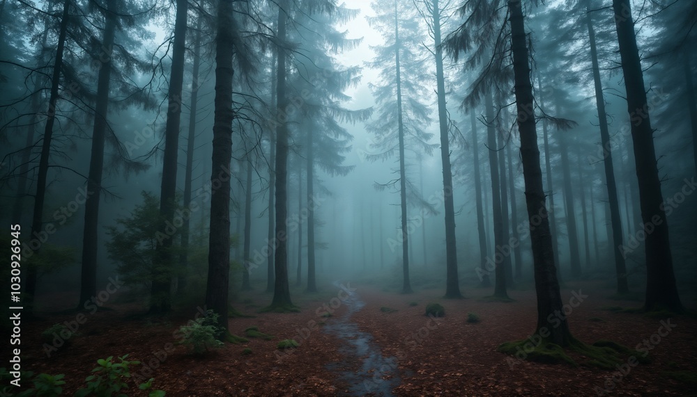 Naklejka premium forest in autumn season, beautiful nature in morning, rainy weather, cloudy