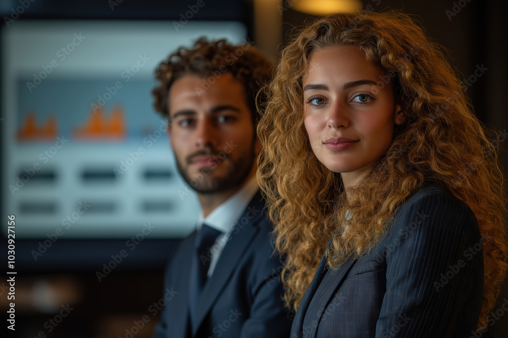 Business team posing in office meeting room with charts on screen