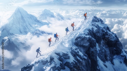 Group of people on peak mountain climbing helping team work , travel trekking success business concept photo