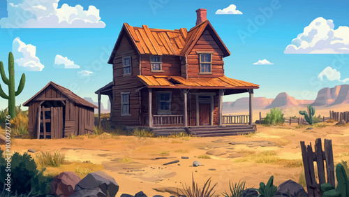 Old Abandoned Ranch Cartoon Background Illustration Featuring Rustic Scene Deserted Buildings Lush Overgrowth and Mysterious Atmosphere