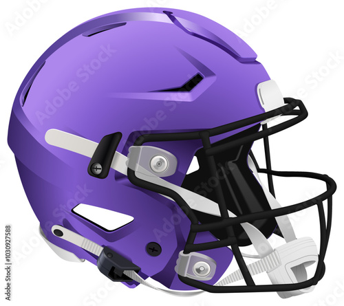 Realistic violet 3D helmet for American Football with black mask and chin strap