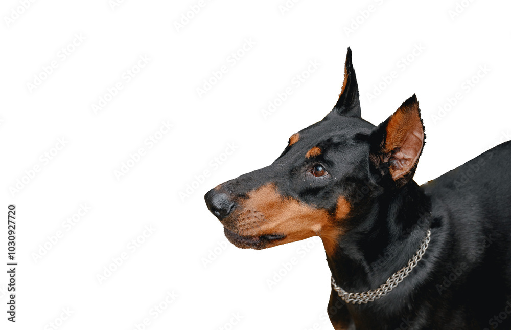 Close-up portrait of doberman on white background isolated.Black dog. Close-up portrait of doberman on white background isolated.Black dog.