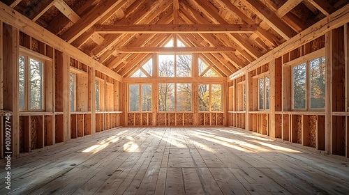 A large, empty room in a house under construction.  Sunlight streams through the windows, illuminating the wooden floor and framing.