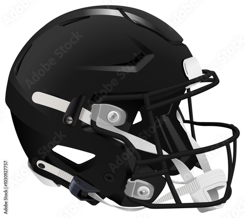 Realistic black 3D helmet for American Football with black mask and chin strap