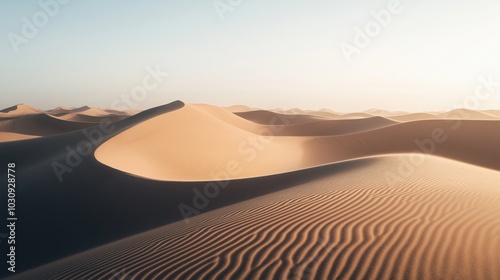 A serene view of rolling sand dunes illuminated by soft sunlight.