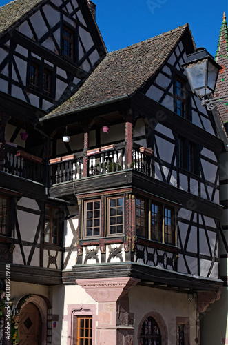Detailed view of an ancient house in in Riquewihr village, the Haut-Rhin department,  Grand Est in north-eastern France. Typical architecture of this region. Travel and tourism concept
