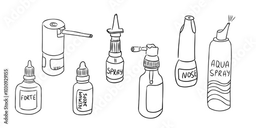 Doodle hand drawn set of throat and nose spays and drops. Medicines for runny nose and sore throat isolated on white background. Items for treating in winter season for coloring pages, stickers