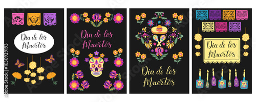 Set of Dia de los Muertos Vertical posters with hand drawn floral and folk elements. Calligraphy text. Mexican traditional holiday banner. Holiday design for Day of the dead on black background