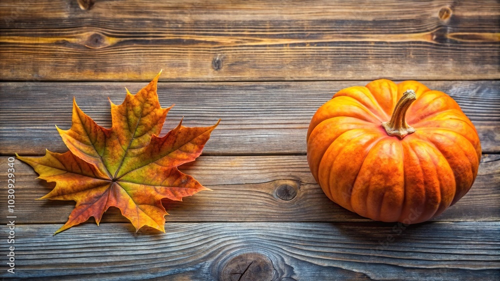 Low angle autumnal background with orange pumpkin, maple leaf, wooden texture
