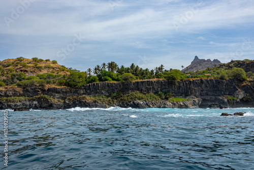 Ribeira da Barca, Pilon of Achada Leite, Aguas Belas Lagoon, Santiago Island, Cape Verde big rock in the sea photo