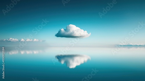 A single fluffy cloud reflecting on a serene blue lake under a clear sky.