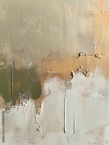 A textured abstract painting with broad, sweeping brushstrokes in earthy tones of burnt sienna, ochre, and deep green, accented with metallic gold highlights.
