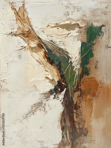 A textured abstract painting with broad, sweeping brushstrokes in earthy tones of burnt sienna, ochre, and deep green, accented with metallic gold highlights.
