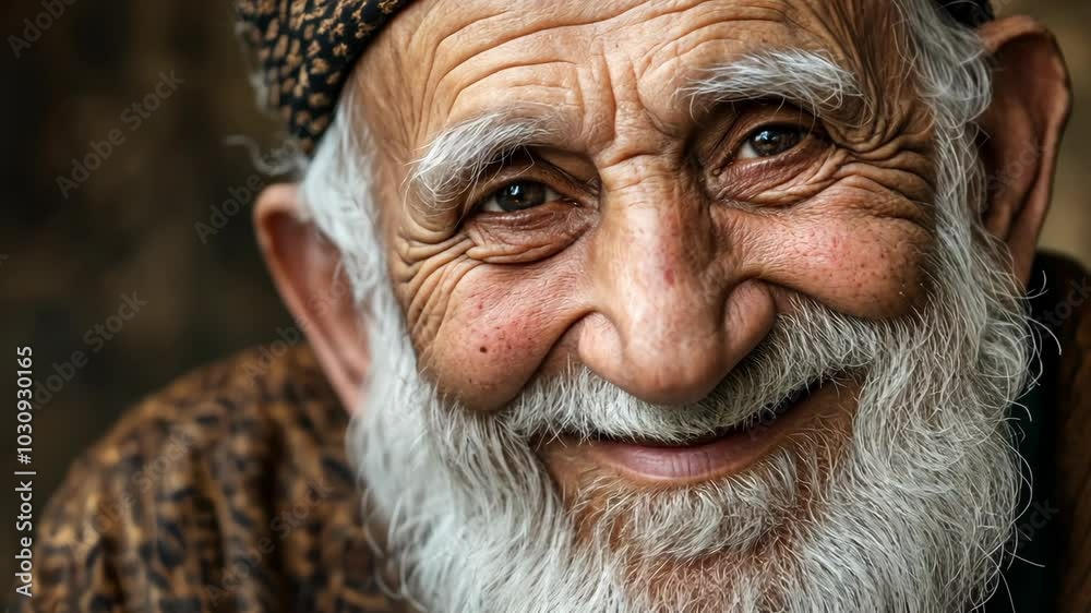 An elderly man with a white beard smiles warmly, his eyes crinkled with age and wisdom
