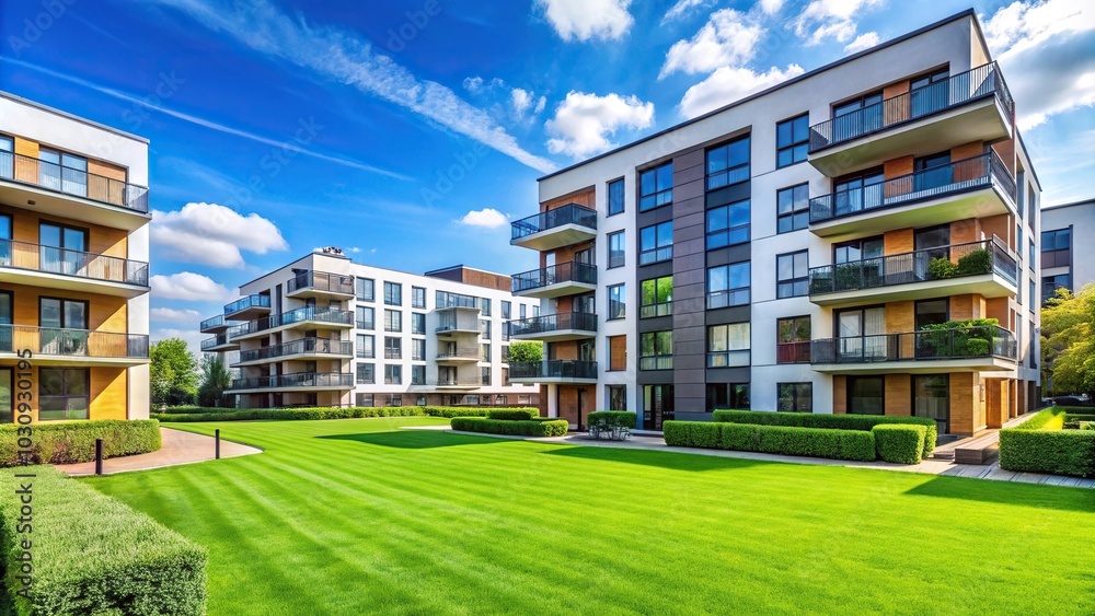 Modern fresh apartment blocks with green lawn in front Modern fresh apartment blocks with green lawn in front