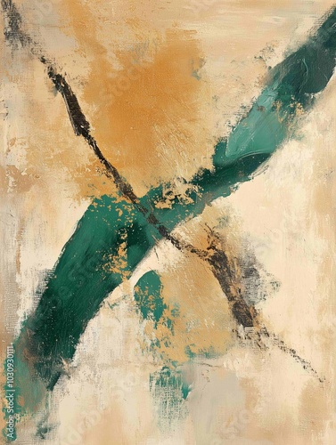 A textured abstract painting with broad, sweeping brushstrokes in earthy tones of burnt sienna, ochre, and deep green, accented with metallic gold highlights.

