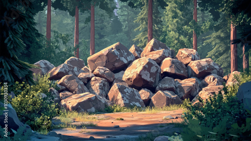 Pile of Big Rocks in Middle of Sequoia Forest in Cartoon Background Illustration Featuring Majestic Trees Natural Landscape Scenic View Lush Greenery and Wilderness Adventure
