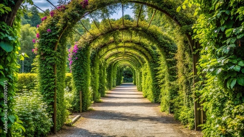 Minimalist pathway and arch covered with climbing plants