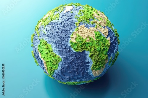 Pixelated Earth Globe with Green Landmasses and Blue Water