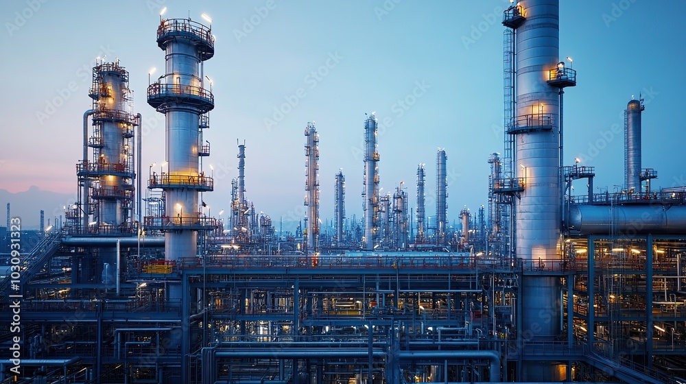 Architecture of a large oil refinery or production plant with complex pipeline connections Architecture of a large oil refinery or production plant with complex pipeline connections