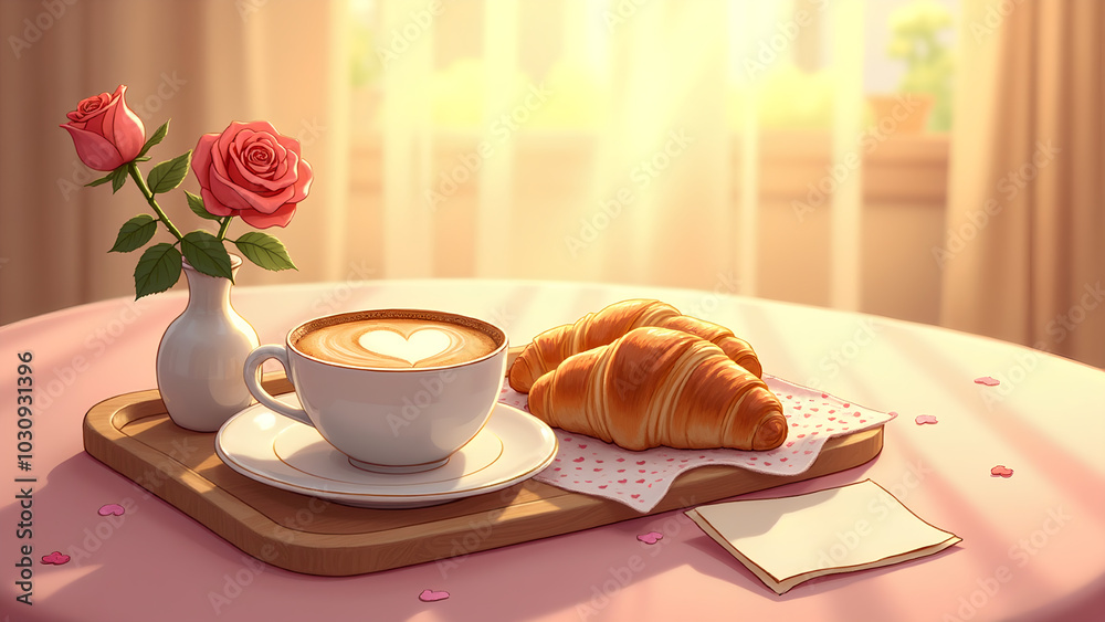 Romantic breakfast with roses and love note. Romantic breakfast with roses and love note.