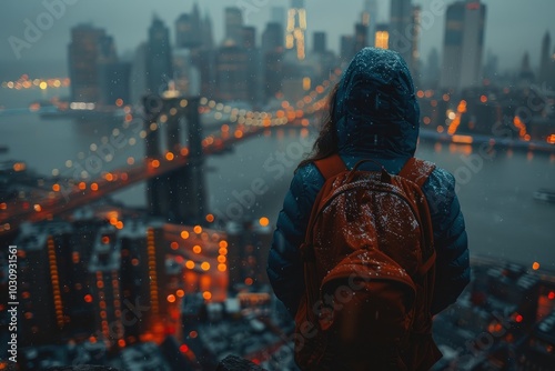 Person Standing with Backpack Facing Snowy Cityscape at Night