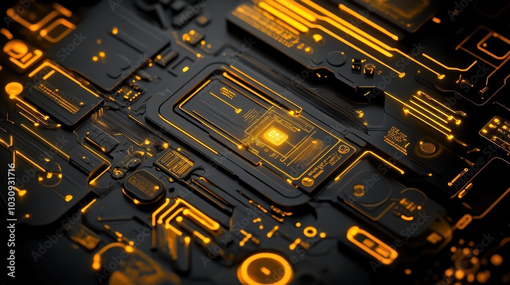 Futuristic Circuit Board with Glowing Orange Lines Futuristic Circuit Board with Glowing Orange Lines