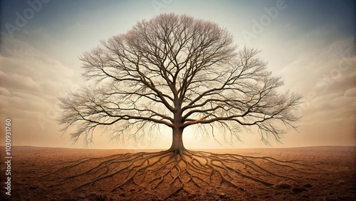 Minimalist fantastic scene of a large withered tree with roots