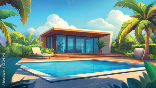 Pool and Deck Outside Modern Tropical Island Mansion Cartoon Background Illustration Featuring Luxurious Scene Lush Surroundings Vibrant Colors and Relaxing Atmosphere