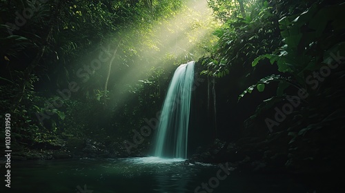 Awe inspiring waterfall flows into a pristine forest pool with warm, gentle sunlight shining through the green trees