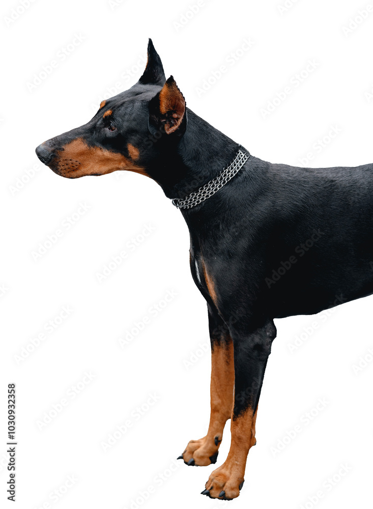 Close-up portrait of doberman on white background isolated.Black dog. Close-up portrait of doberman on white background isolated.Black dog.