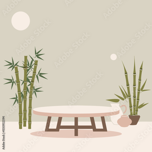 Trendy bamboo plants and table decor on minimalist light background