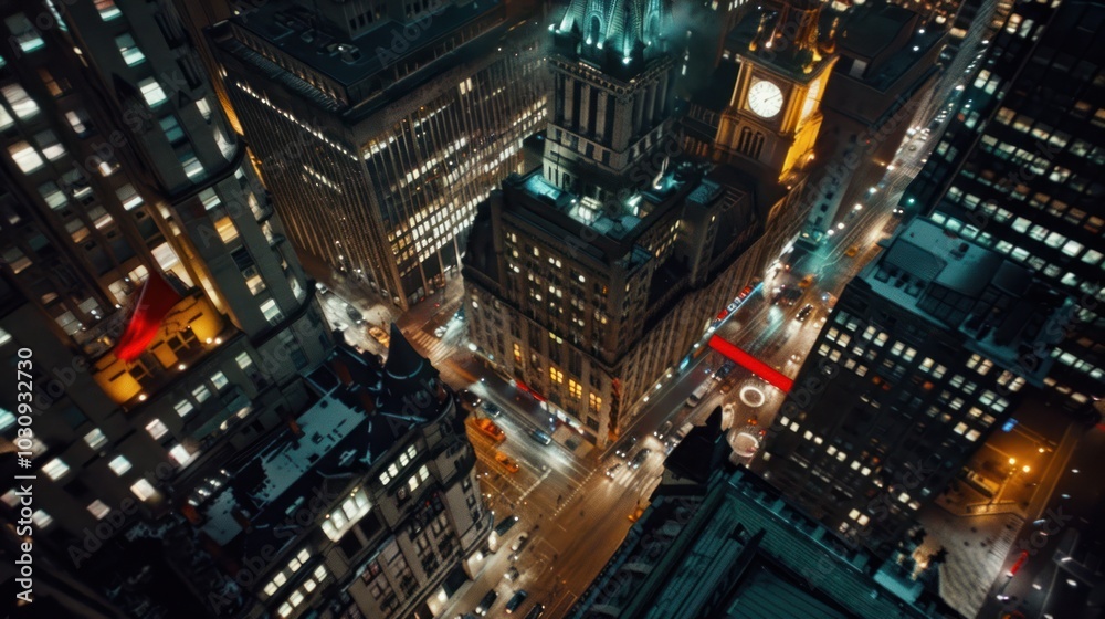 An aerial view of a city street at night, illuminated by streetlights and building windows. An aerial view of a city street at night, illuminated by streetlights and building windows.