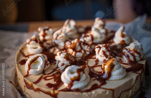 Obraz na płótnie A decadent dessert featuring whipped cream dollops, drizzled caramel sauce, and crushed nuts on a smooth cake base. The vibrant textures and rich flavors make it a perfect treat. w salonie