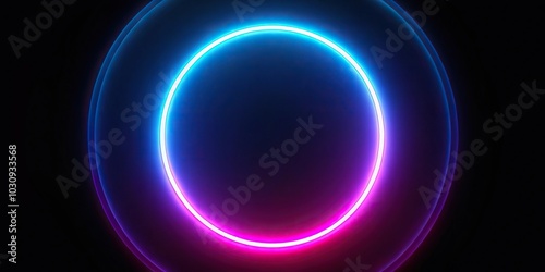 Neon circle glowing on black background, abstract light effect