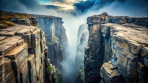 Mysterious chasm with rocky edges and misty depths close-up