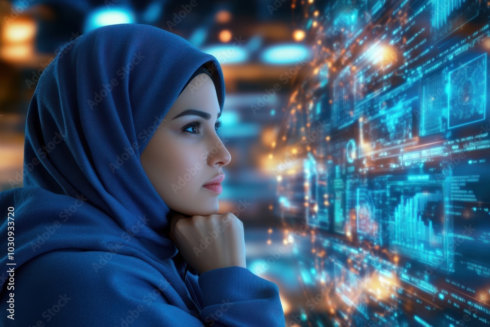 Arab woman in hijab in high-tech office with holographic screen and data visualizations