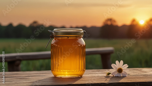 Honey Jar on Rustic Wooden Table in Nature