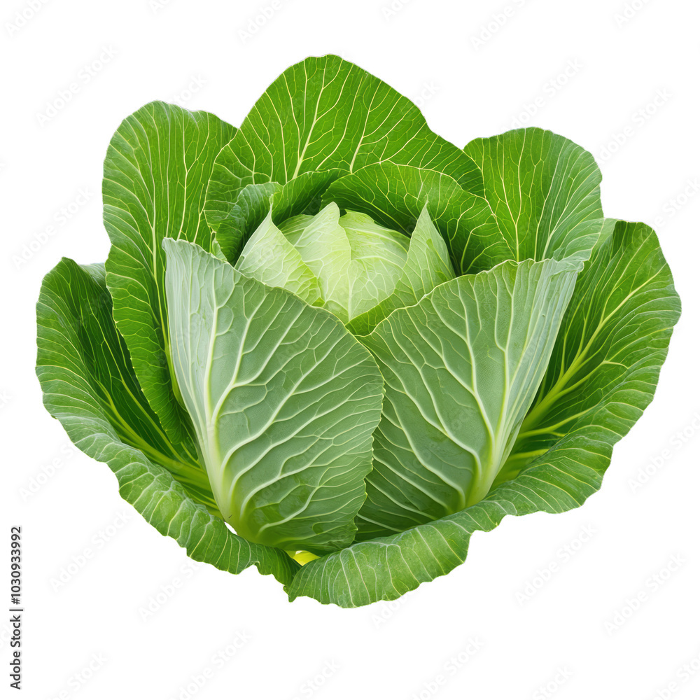 Obraz premium Large cabbage plant with dense layers of pale green leaves isolated on transparent background 