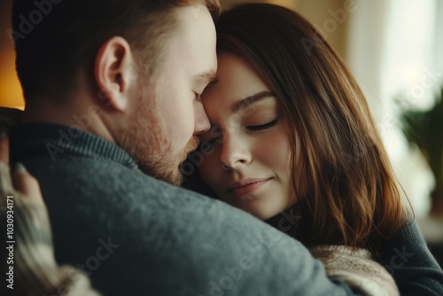 Close-up portrait of man and woman hugging on blurred background. Feeling sorry, support, forgiveness