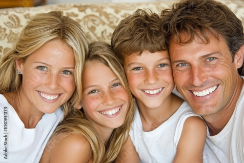 A close up portrait of a happy young family of four posing for a picture in the living room of their home. The parents are smiling and the children are looking at camera as they pose for a picture.