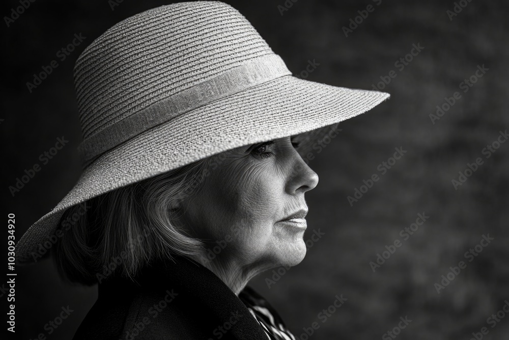 Elegant portrait of woman in wide-brimmed hat with thoughtful expression Elegant portrait of woman in wide-brimmed hat with thoughtful expression