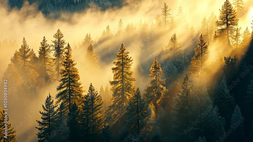 Sunlight streams through the fog in a dense forest of tall pine trees Sunlight streams through the fog in a dense forest of tall pine trees