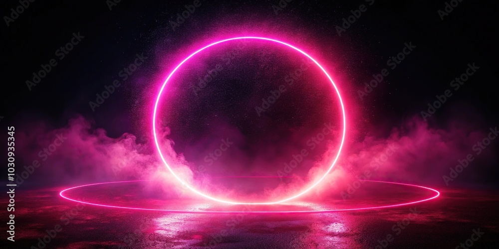 Neon pink glowing circle on ground with mist and red particles reflected in it Neon pink glowing circle on ground with mist and red particles reflected in it
