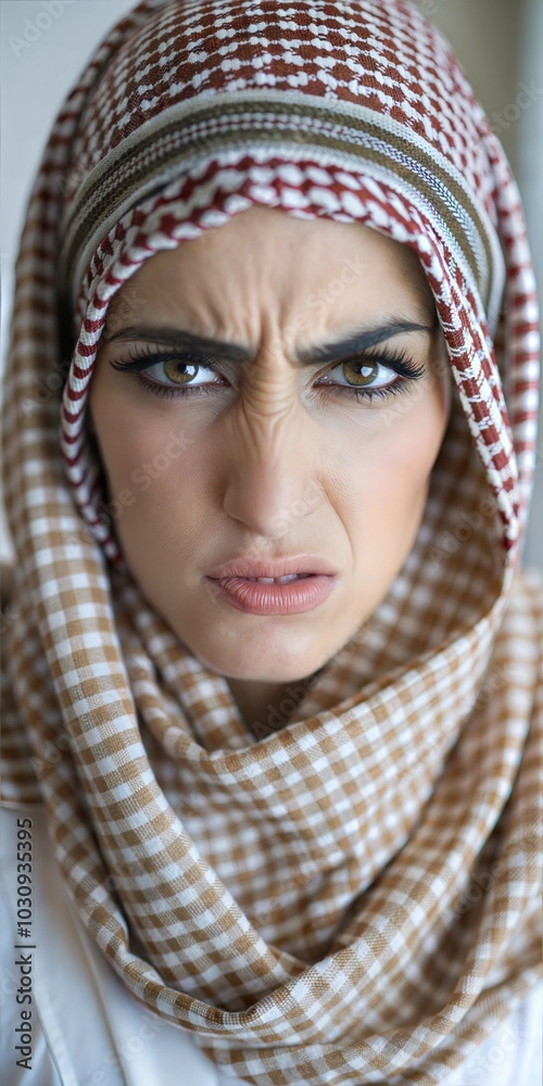 A woman with a checkered hijab displays a serious expression of frustration, capturing a moment of emotion in a bright indoor environment. Generative AI