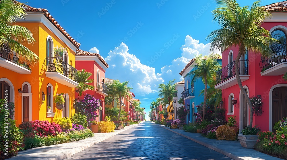 Colorful houses lined up on a sunny street with palm trees. Colorful houses lined up on a sunny street with palm trees.