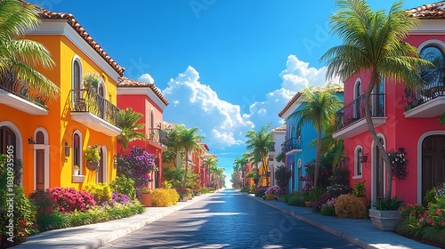 Colorful houses lined up on a sunny street with palm trees.