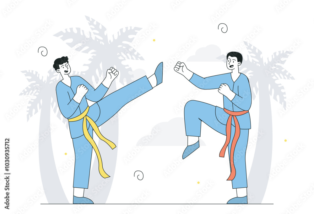 People karate fight. Men in kimonos fight. Young guys with martial art. Taekwondo kicks and punches. Active lifestyle and sports. Linear vector illustration People karate fight. Men in kimonos fight. Young guys with martial art. Taekwondo kicks and punches. Active lifestyle and sports. Linear vector illustration